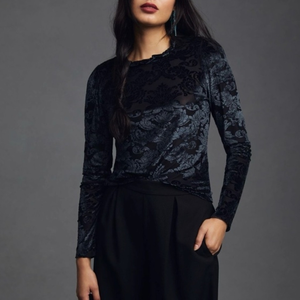 Anthropologie Black Velvet Sheer Burnout Long-Sleeve Top Size Medium
